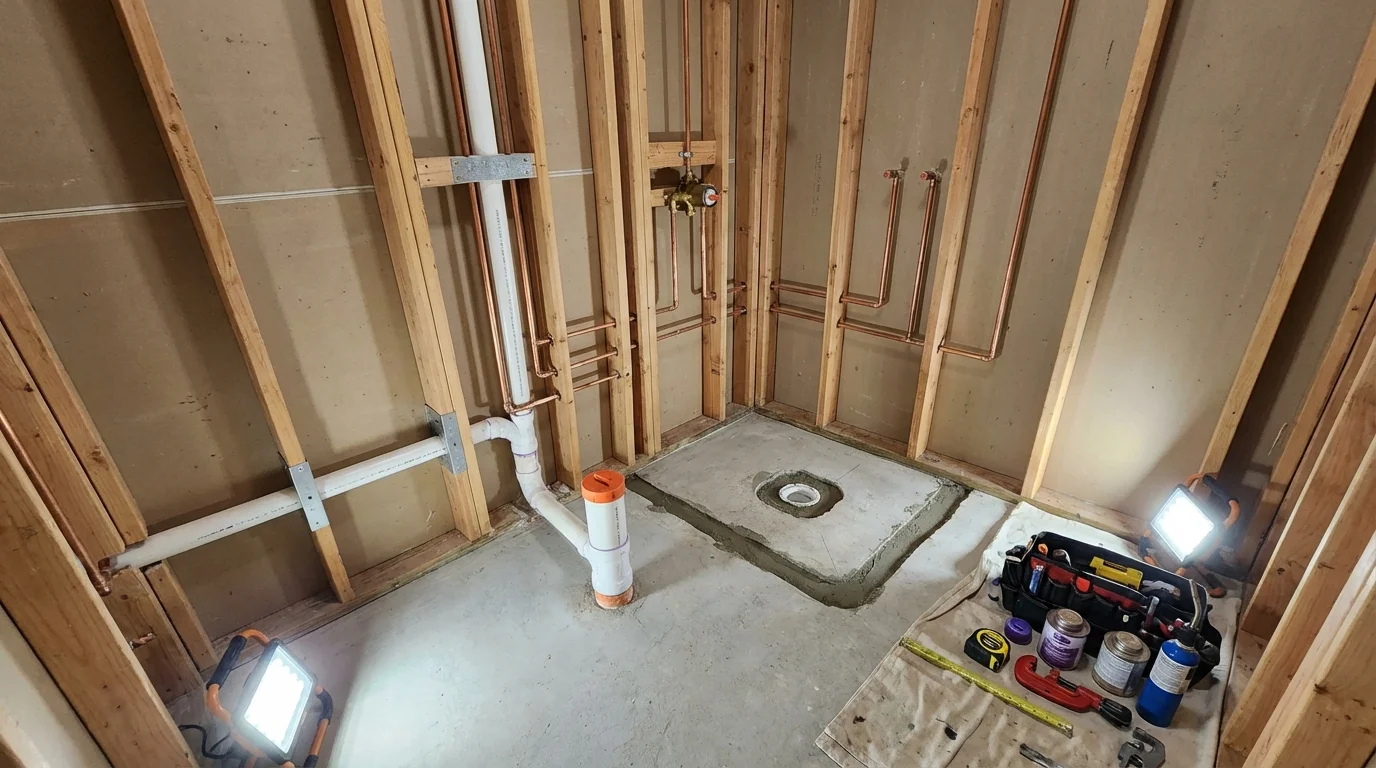Bathroom rough-in plumbing during remodel by Johns Plumbing LLC in East Peoria