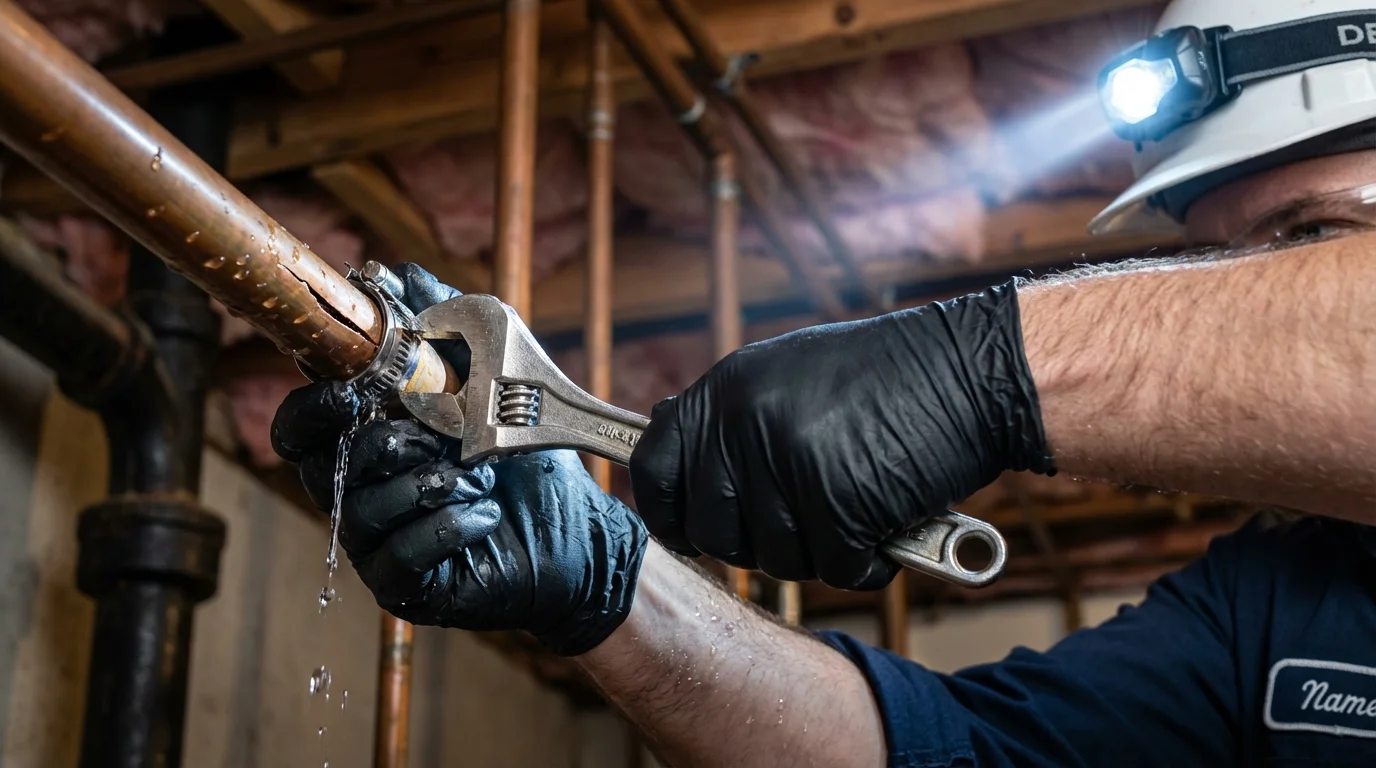 Emergency pipe clamp repair being performed by a Johns Plumbing LLC plumber in East Peoria