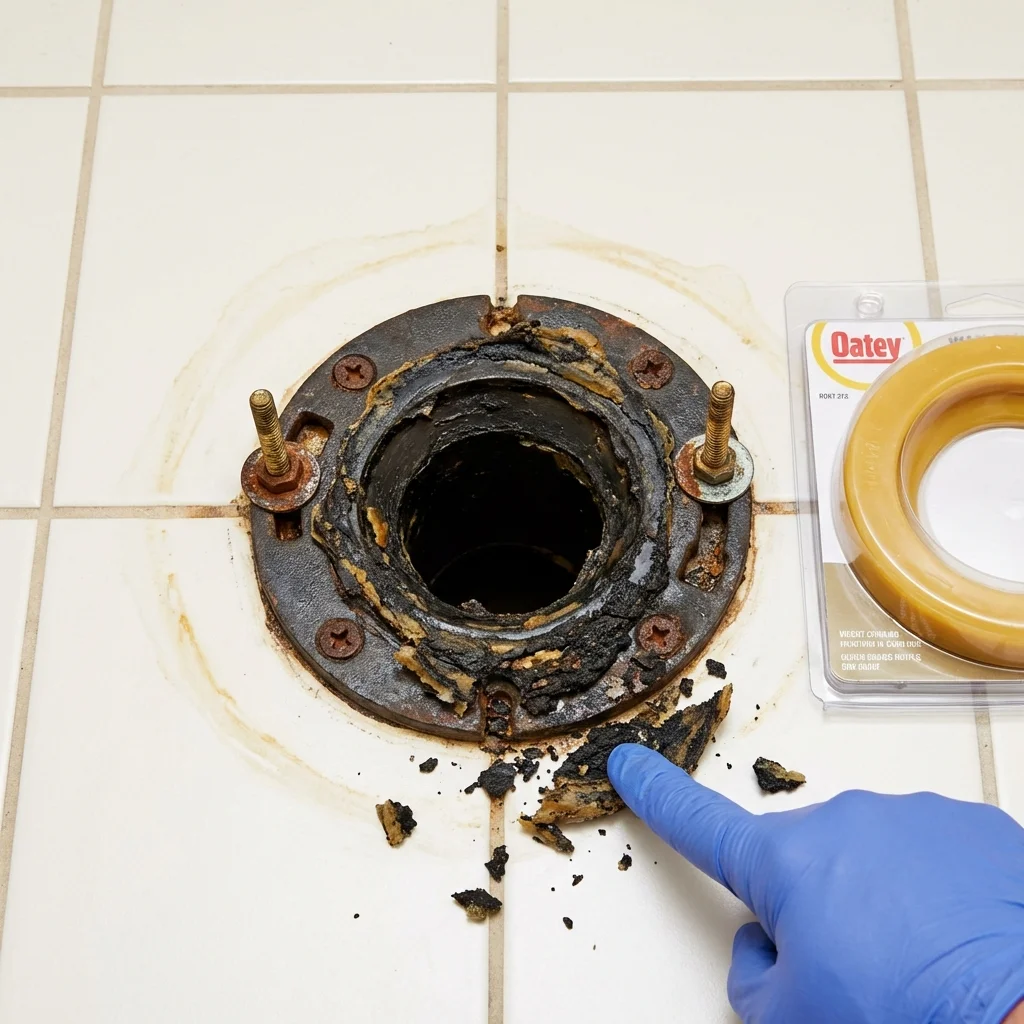 Failed wax ring showing water seepage at the base of a toilet in a East Peoria, IL home