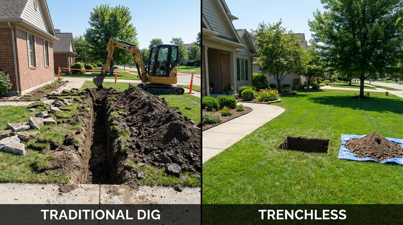 Trenchless sewer repair with minimal yard damage versus traditional excavation in East Peoria, IL