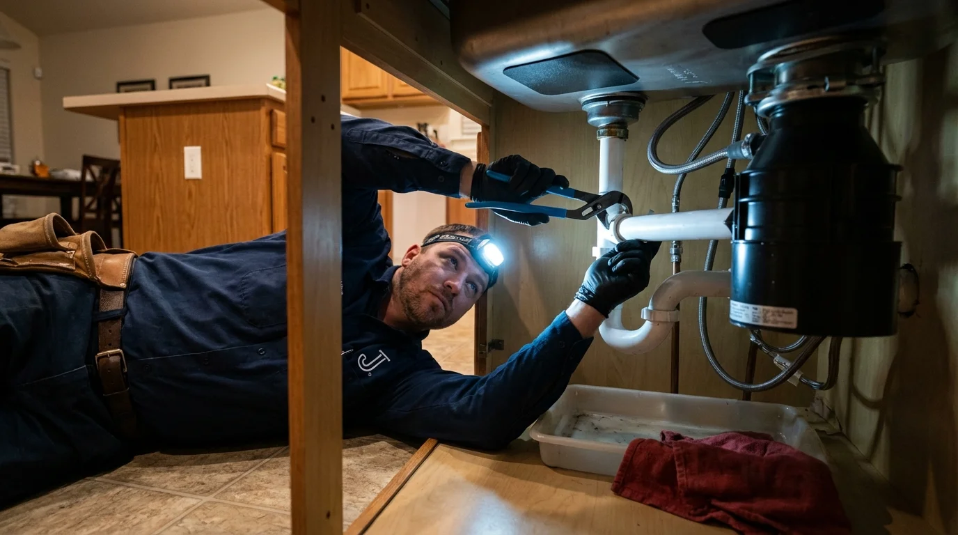 P-trap and supply line connections under a kitchen sink showing a common leak point in East Peoria, IL